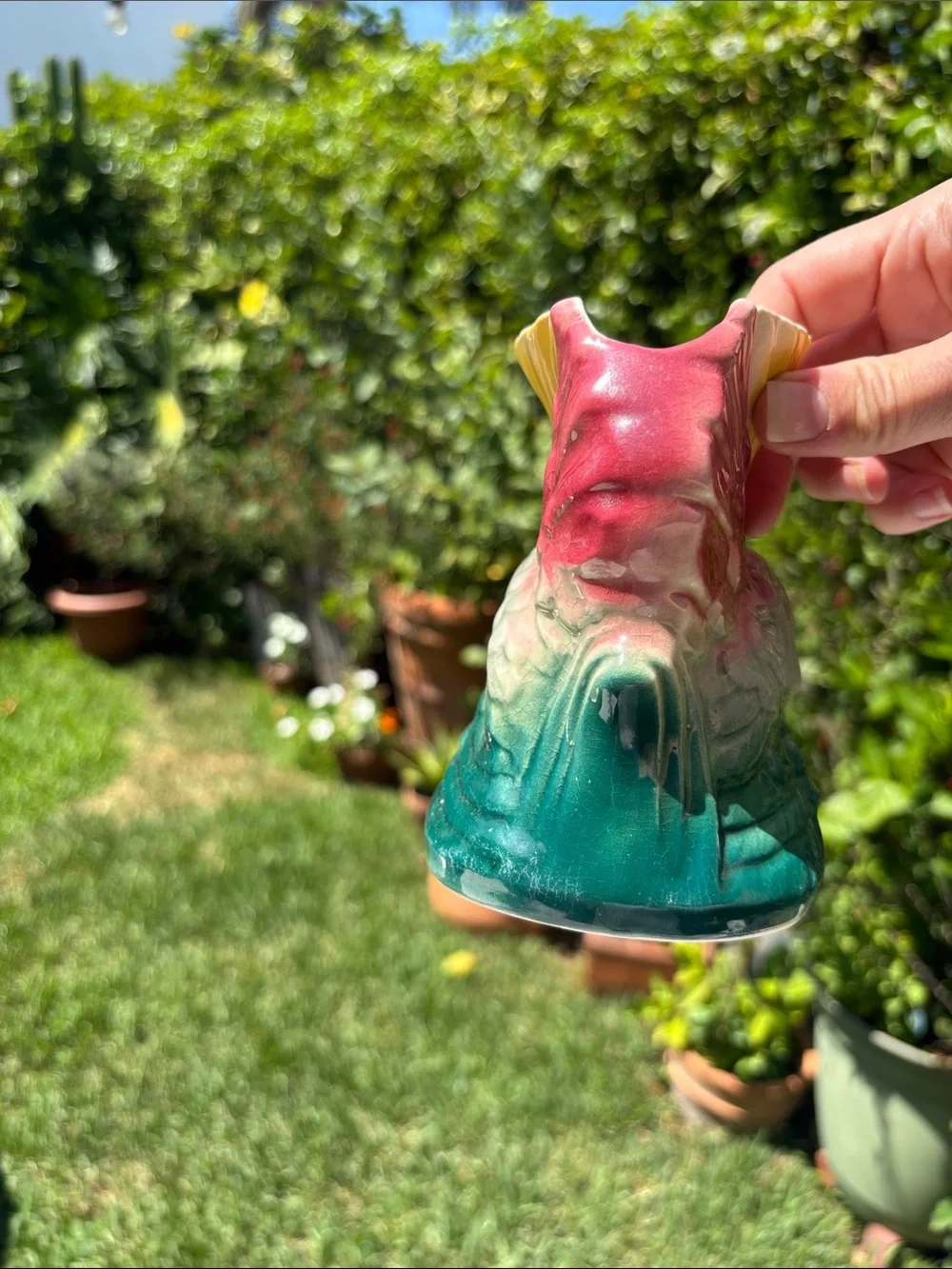 Vintage Hand-Painted Rooster Ceramic Vase in Red, Yellow & Green
